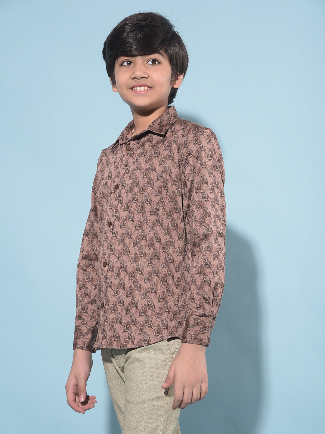 Brown Floral Print Shirt-Boys Shirts-Crimsoune Club