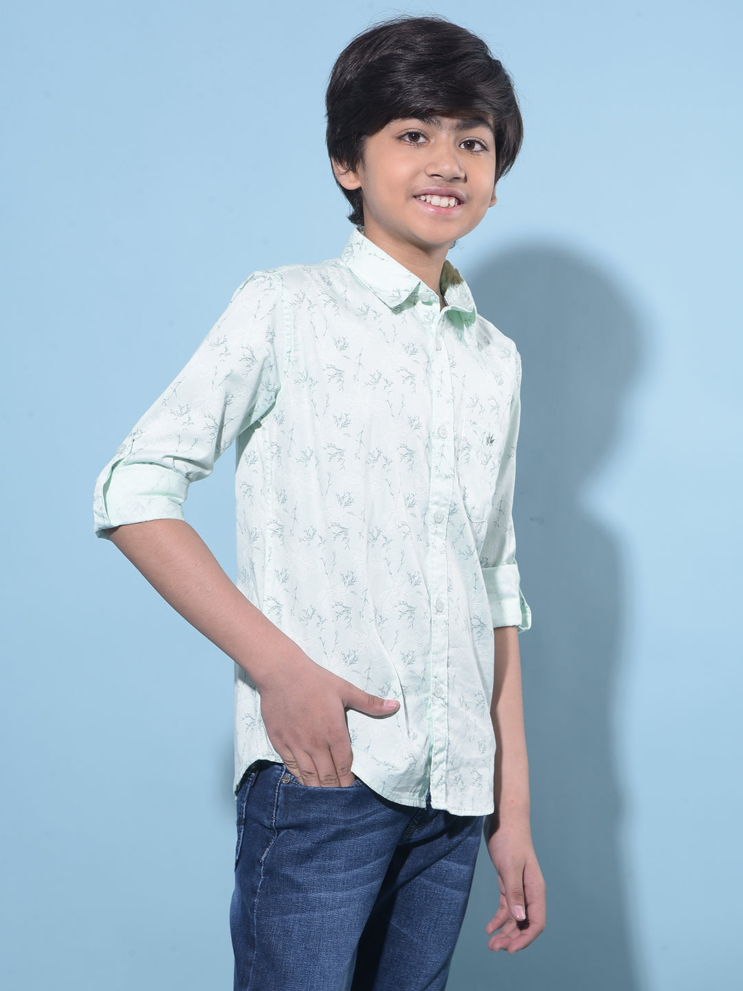 Green Floral Printed 100% Cotton Shirt-Boys Shirts-Crimsoune Club