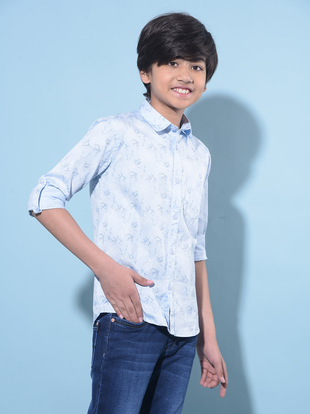 Blue Floral Printed 100% Cotton Shirt-Boys Shirts-Crimsoune Club