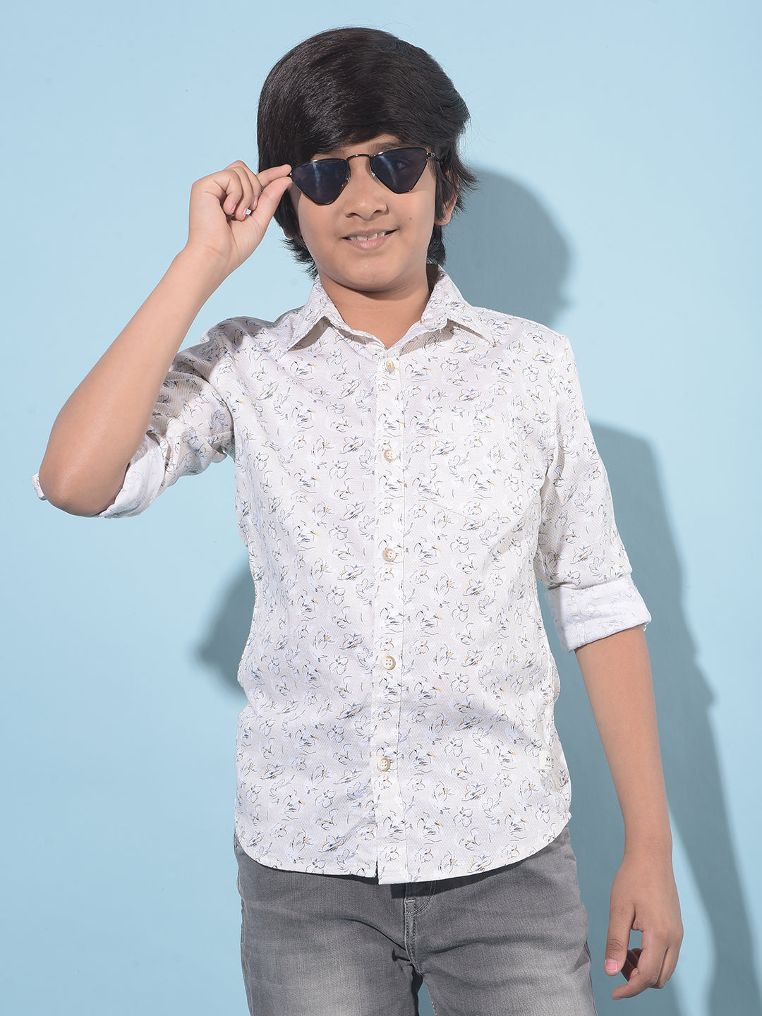 Beige Floral Print 100% Cotton Shirt-Boys Shirts-Crimsoune Club