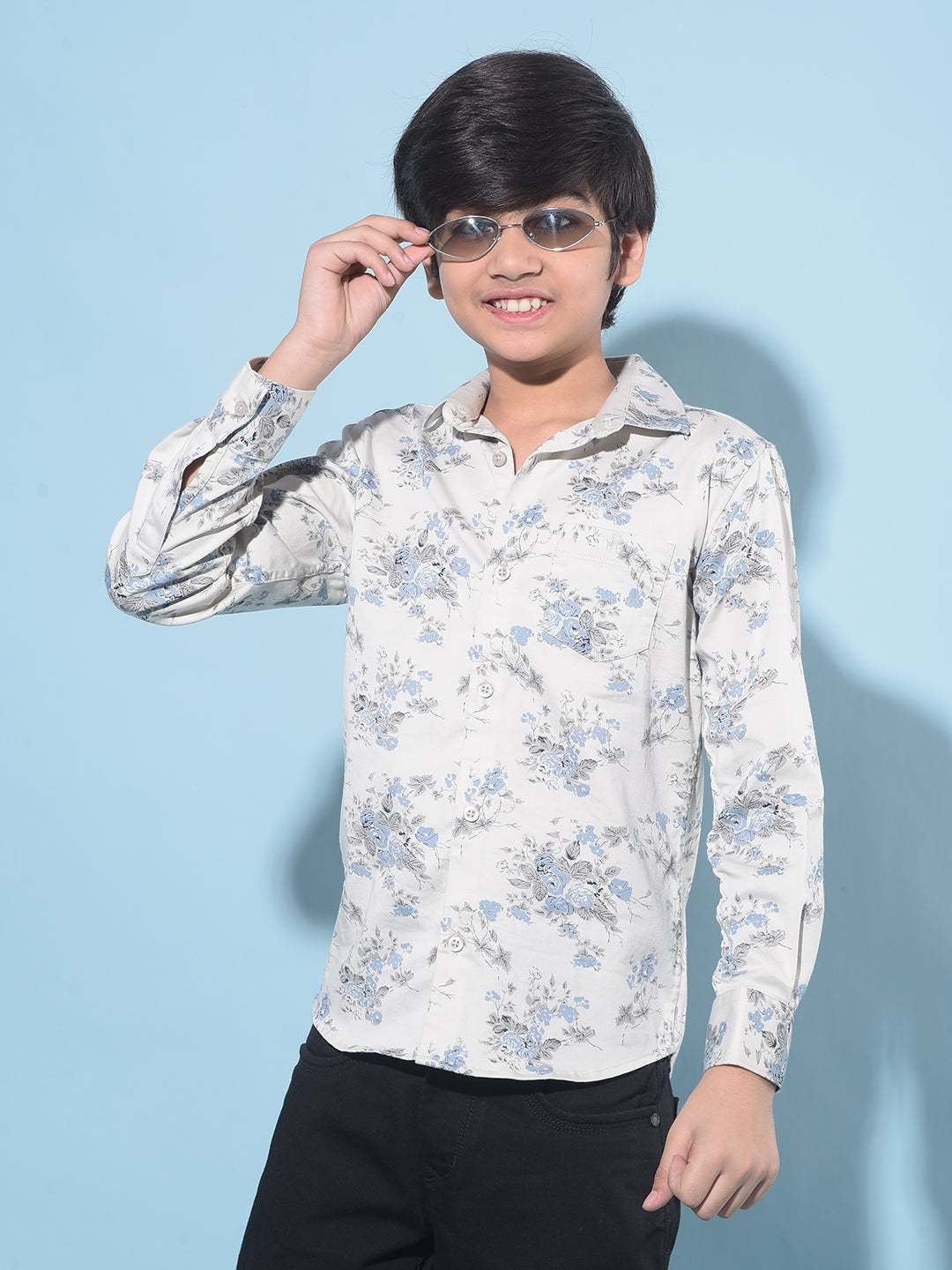 Grey Floral Print Shirt-Boys Shirts-Crimsoune Club