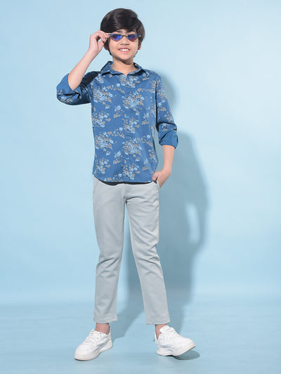 Blue Floral Print Shirt-Boys Shirts-Crimsoune Club