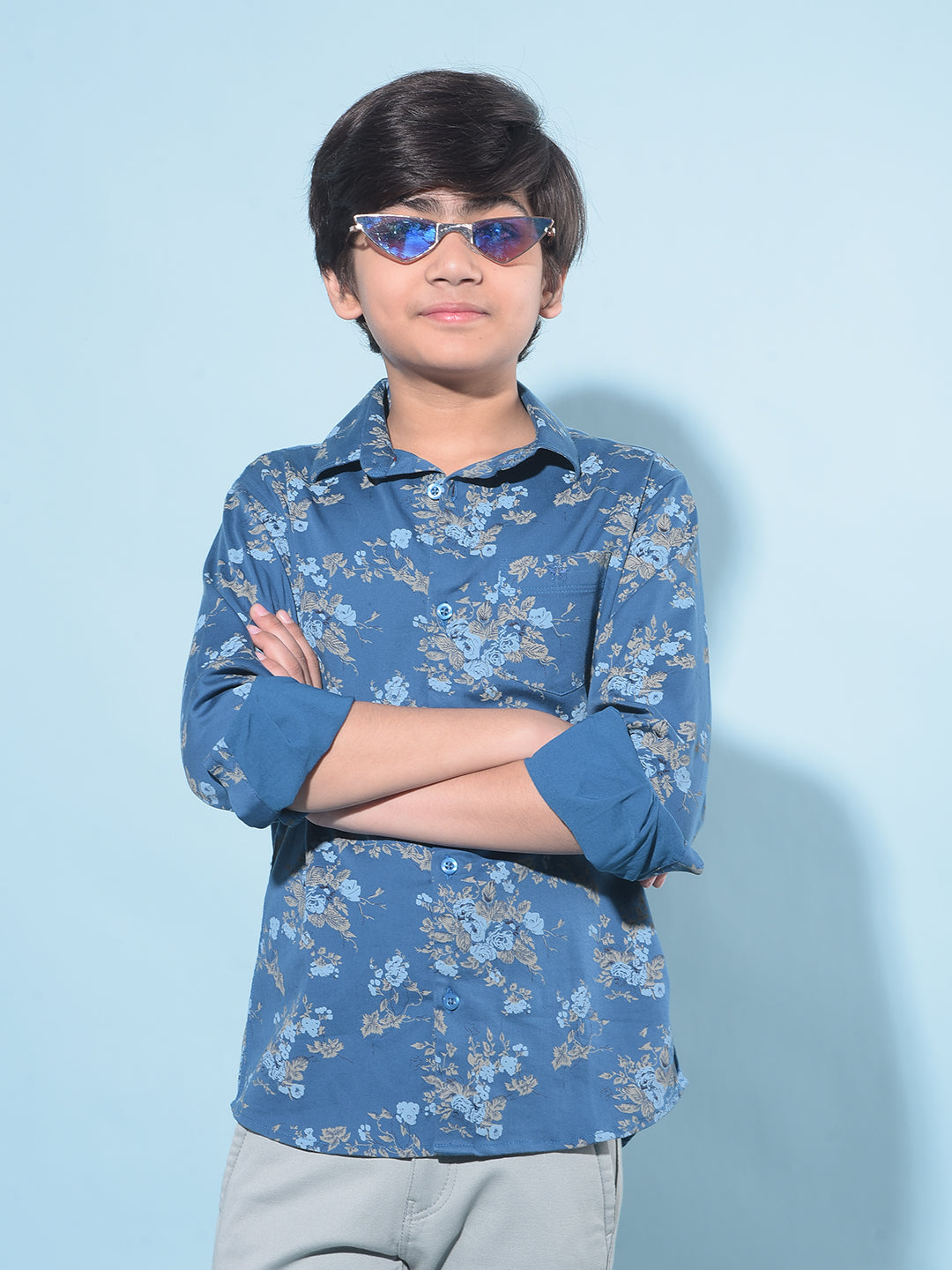 Blue Floral Print Shirt-Boys Shirts-Crimsoune Club