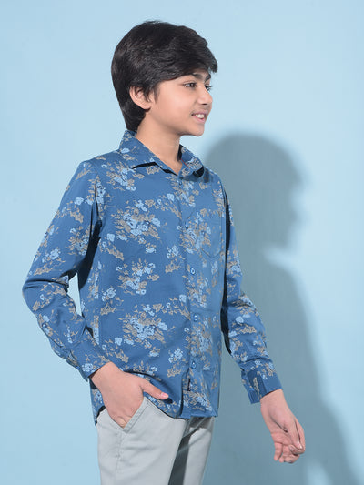 Blue Floral Print Shirt-Boys Shirts-Crimsoune Club