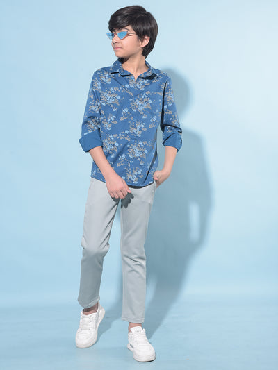 Blue Floral Print Shirt-Boys Shirts-Crimsoune Club