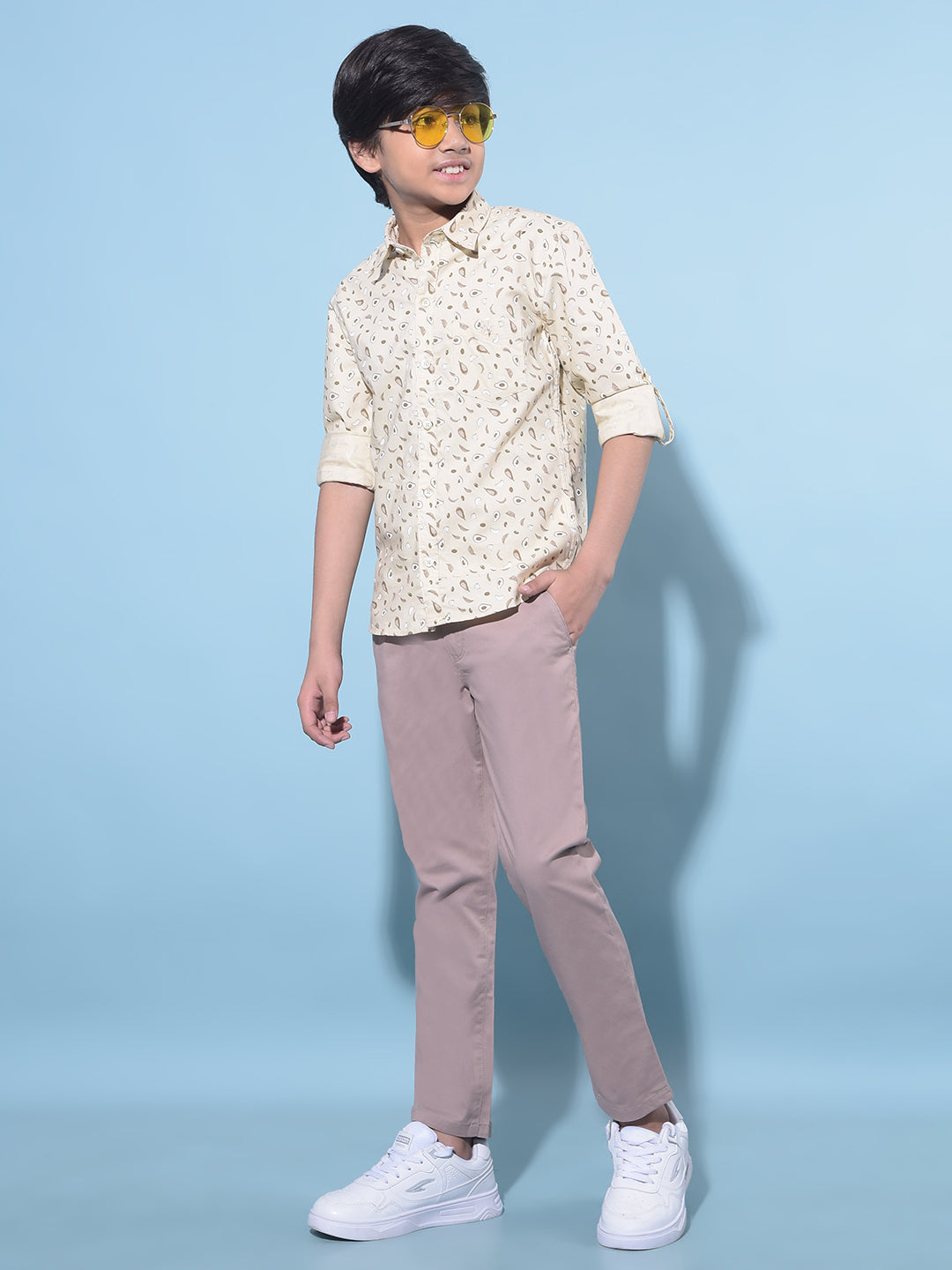 Beige Printed 100% Cotton Shirt-Boys Shirts-Crimsoune Club