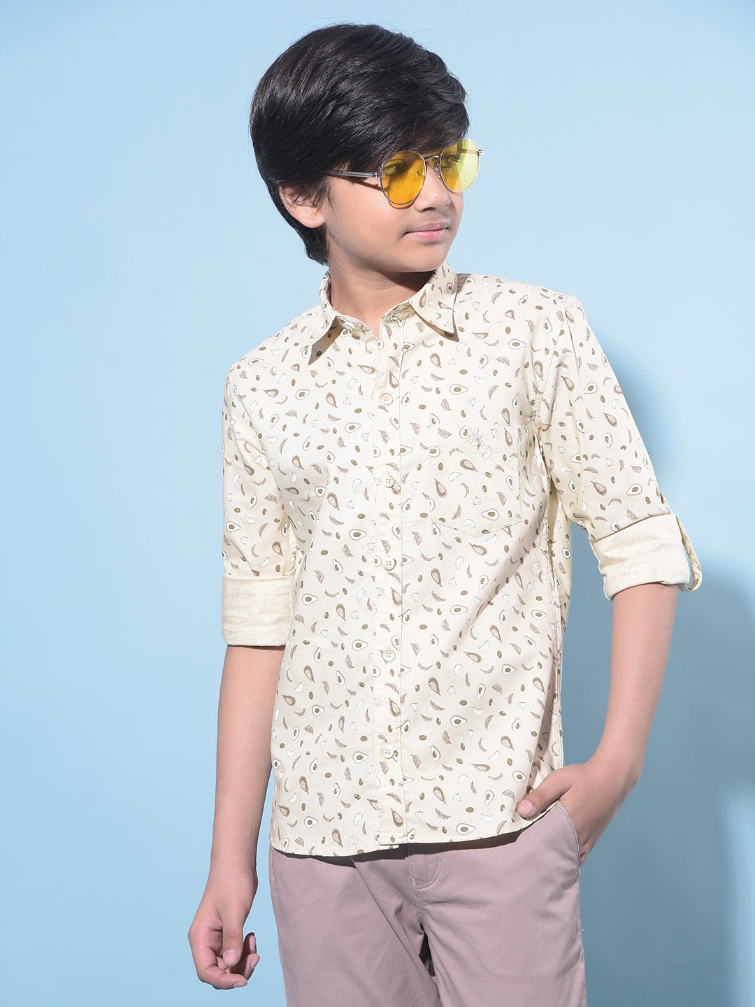 Beige Printed 100% Cotton Shirt-Boys Shirts-Crimsoune Club