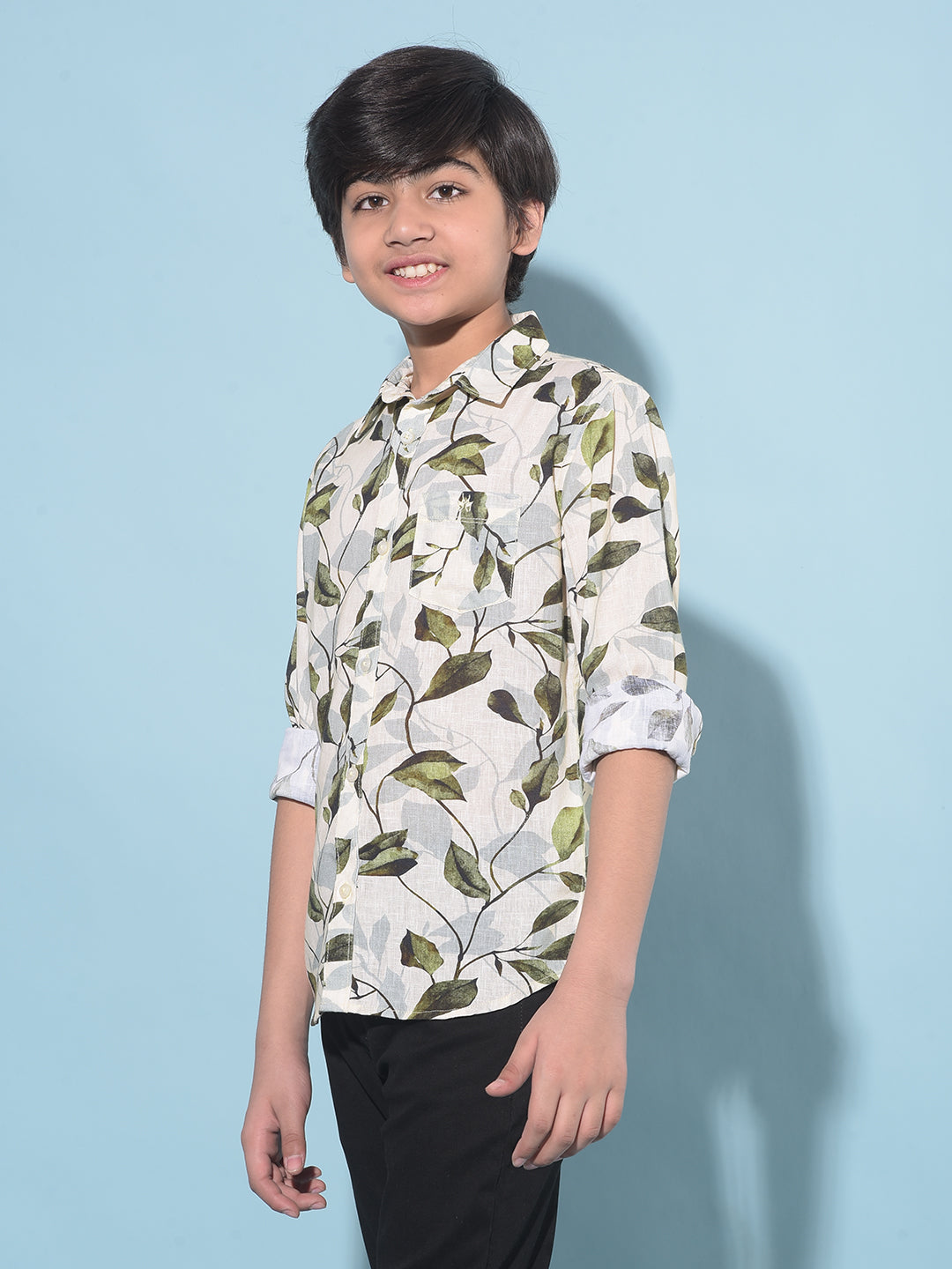 Olive Floral Print Shirt-Boys Shirts-Crimsoune Club