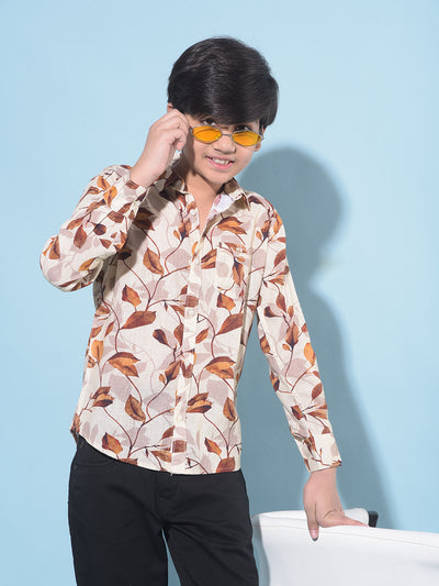 Brown Floral Print Shirt-Boys Shirts-Crimsoune Club