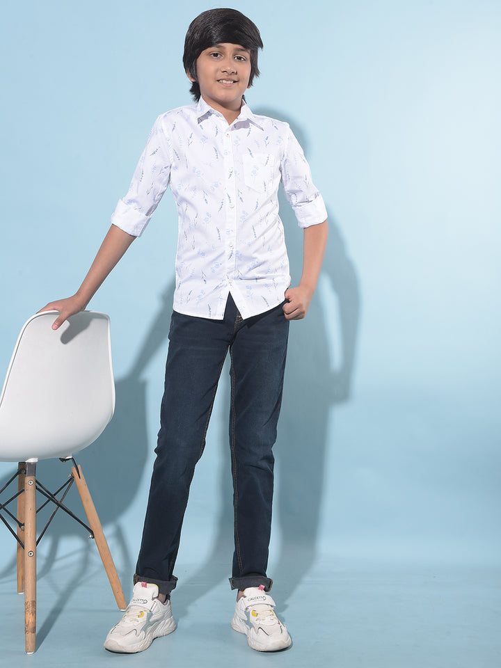 White Floral Print 100% Cotton Shirt-Boys Shirts-Crimsoune Club