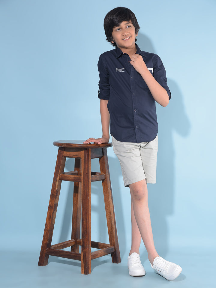 Navy Blue Typographic Print Shirt-Boys Shirts-Crimsoune Club
