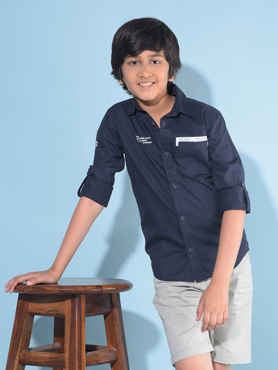 Navy Blue Typographic Print Shirt-Boys Shirts-Crimsoune Club