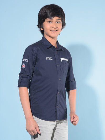 Navy Blue Typographic Print Shirt-Boys Shirts-Crimsoune Club