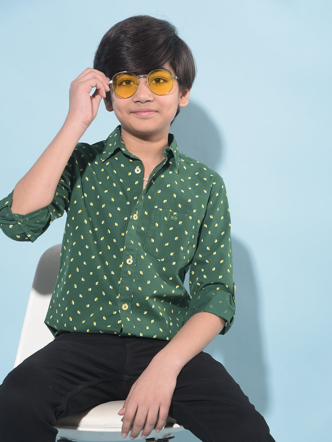 Green Printed 100% Cotton Shirt-Boys Shirts-Crimsoune Club