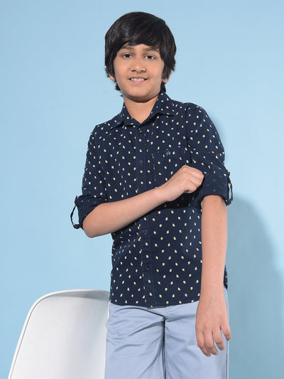 Navy Blue Printed 100% Cotton Shirt-Boys Shirts-Crimsoune Club