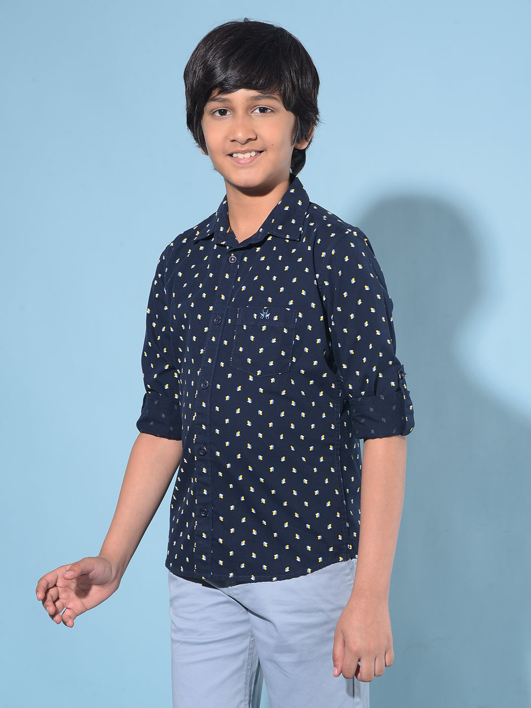 Navy Blue Printed 100% Cotton Shirt-Boys Shirts-Crimsoune Club