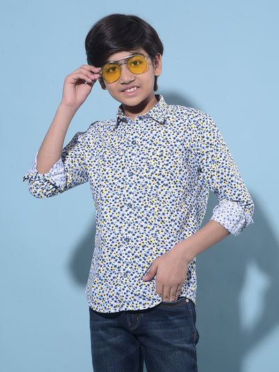 White Floral Printed 100% Cotton Shirt-Boys Shirts-Crimsoune Club