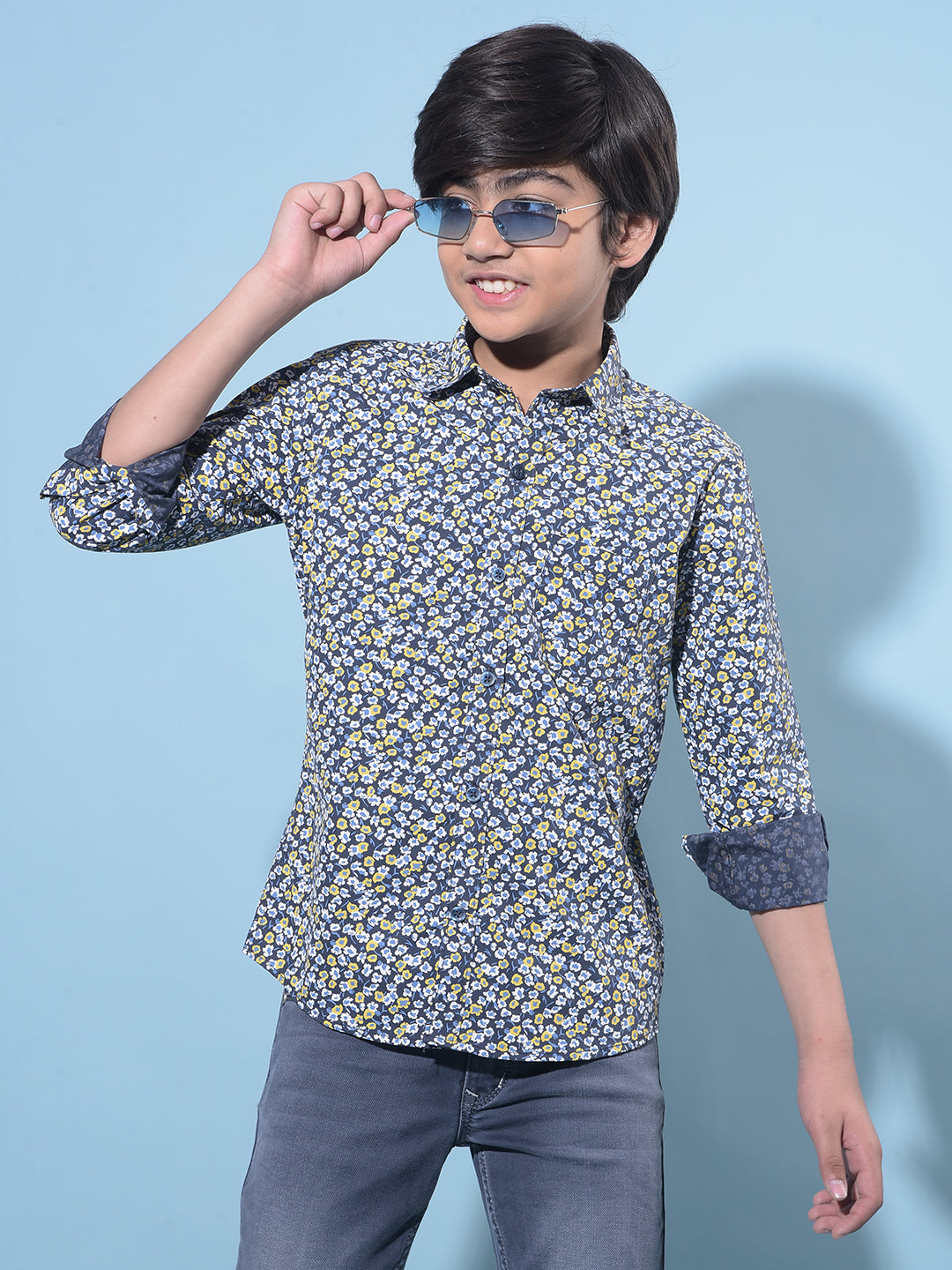 Navy Blue Floral Printed 100% Cotton Shirt-Boys Shirts-Crimsoune Club