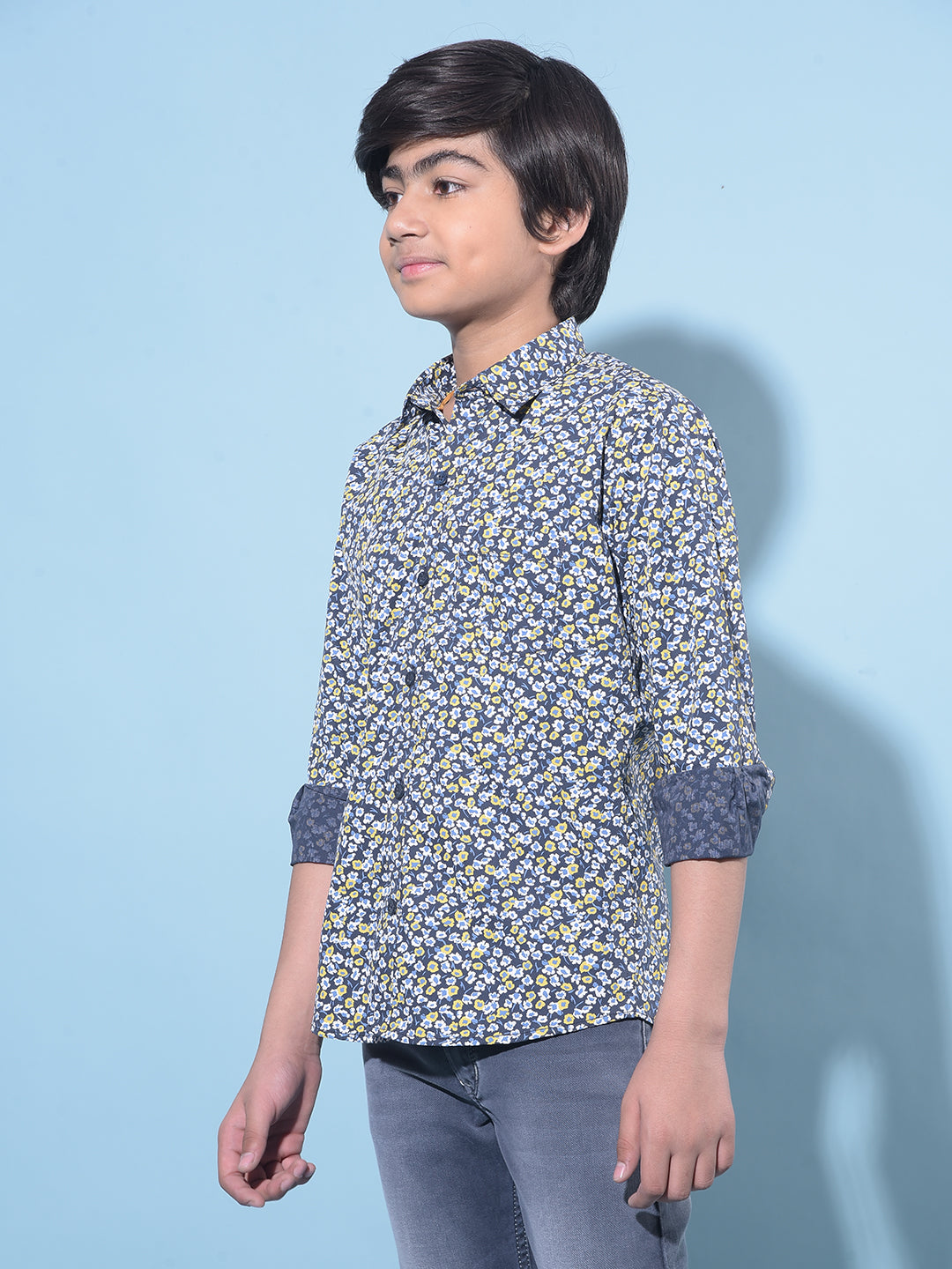 Navy Blue Floral Printed 100% Cotton Shirt-Boys Shirts-Crimsoune Club