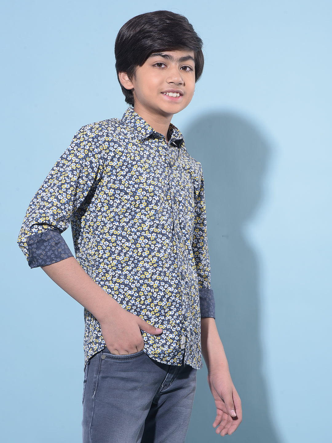 Navy Blue Floral Printed 100% Cotton Shirt-Boys Shirts-Crimsoune Club