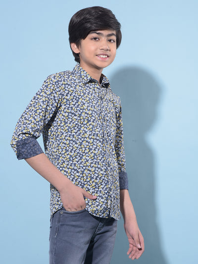 Navy Blue Floral Printed 100% Cotton Shirt-Boys Shirts-Crimsoune Club