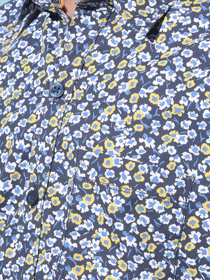 Navy Blue Floral Printed 100% Cotton Shirt-Boys Shirts-Crimsoune Club