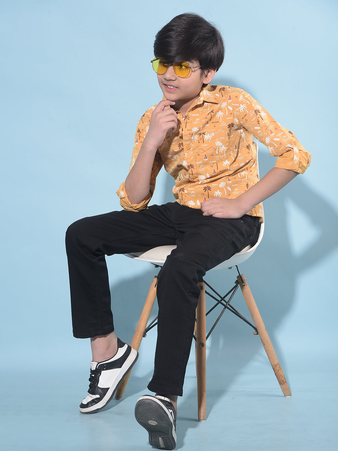 Mustard Floral Print 100% Cotton Shirt-Boys Shirts-Crimsoune Club