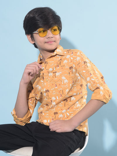 Mustard Floral Print 100% Cotton Shirt-Boys Shirts-Crimsoune Club