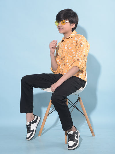 Mustard Floral Print 100% Cotton Shirt-Boys Shirts-Crimsoune Club