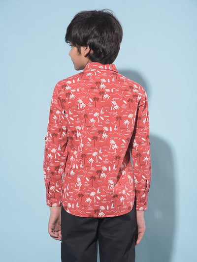 Red Floral Print 100% Cotton Shirt-Boys Shirts-Crimsoune Club