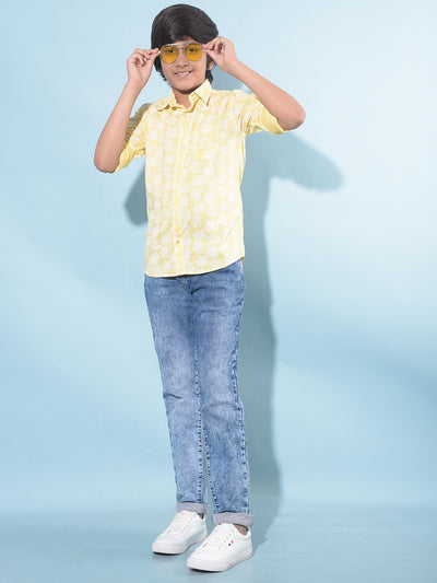 Yellow Floral Print 100% Cotton Shirt-Boys Shirts-Crimsoune Club