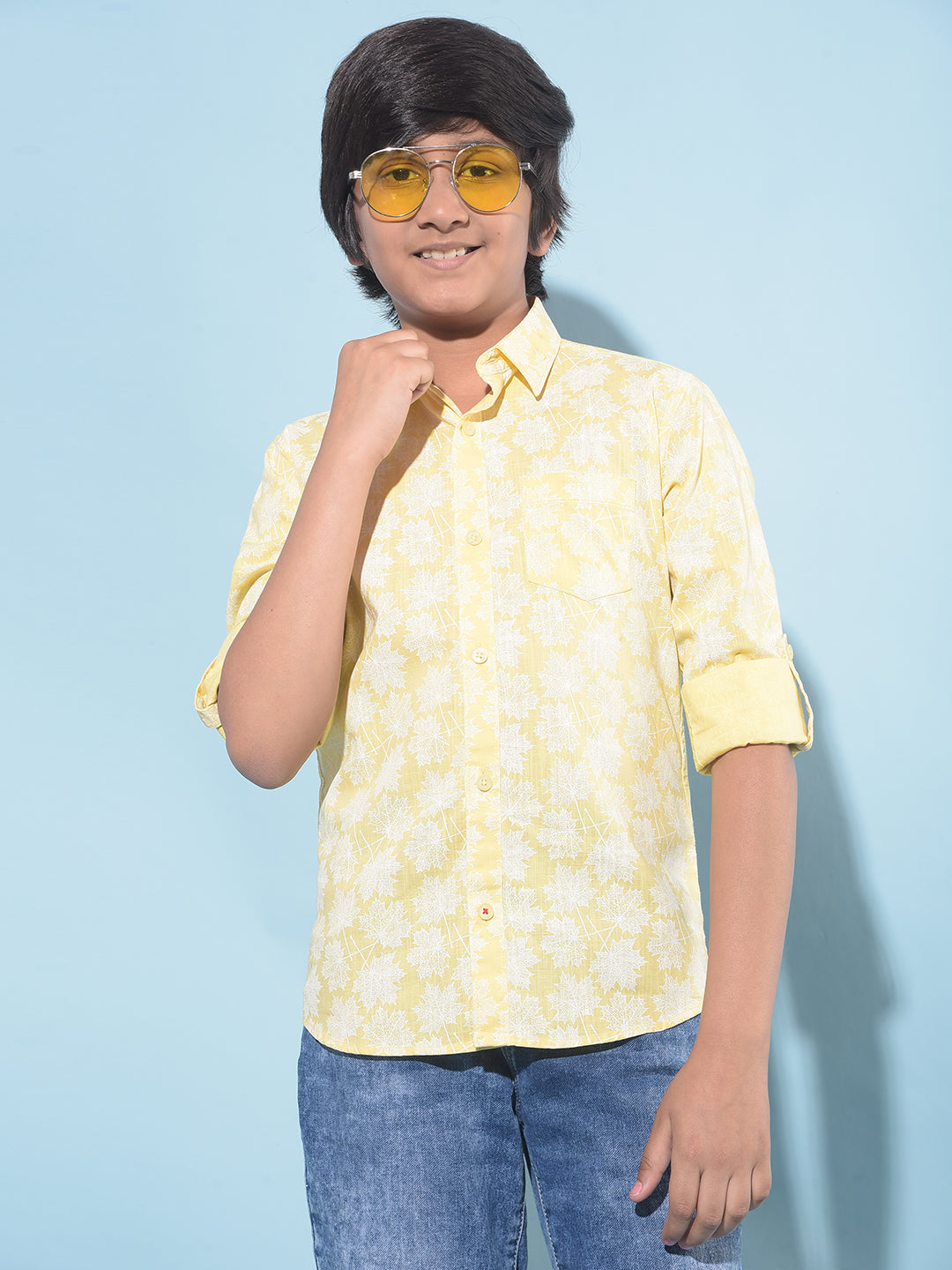 Yellow Floral Print 100% Cotton Shirt-Boys Shirts-Crimsoune Club