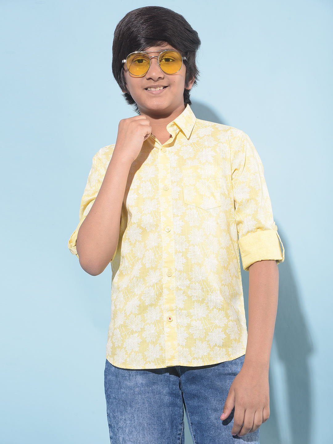 Yellow Floral Print 100% Cotton Shirt-Boys Shirts-Crimsoune Club