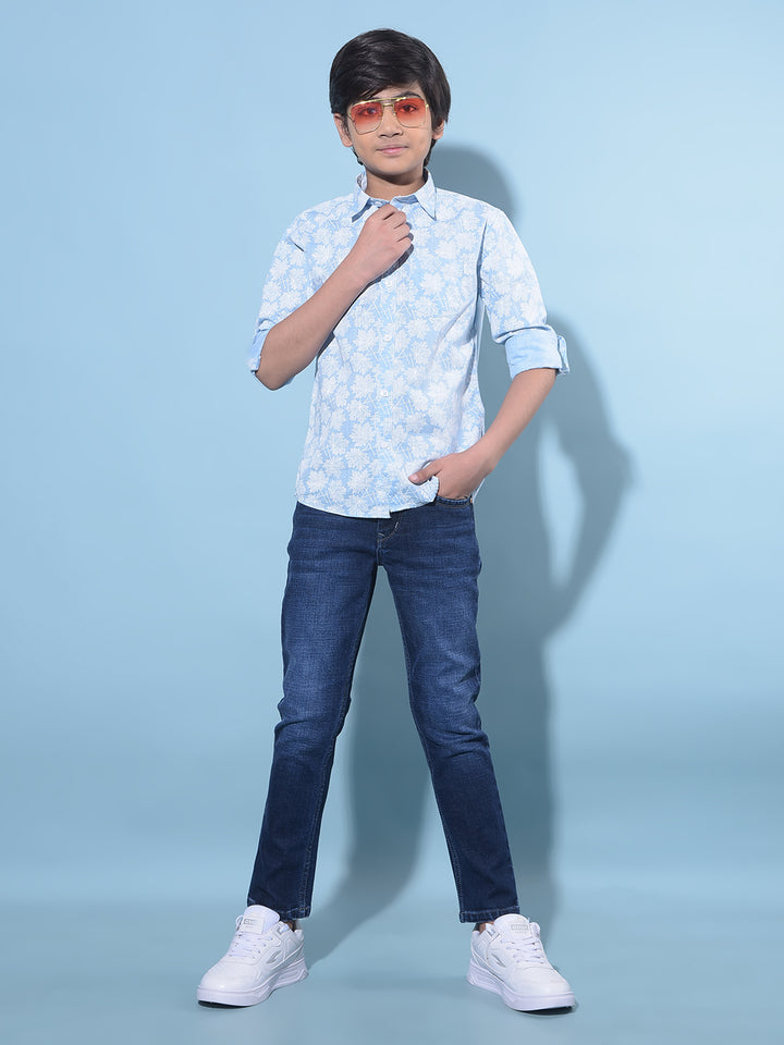Blue Floral Printed 100% Cotton Shirt-Boys Shirts-Crimsoune Club