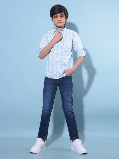 Blue Floral Printed 100% Cotton Shirt-Boys Shirts-Crimsoune Club