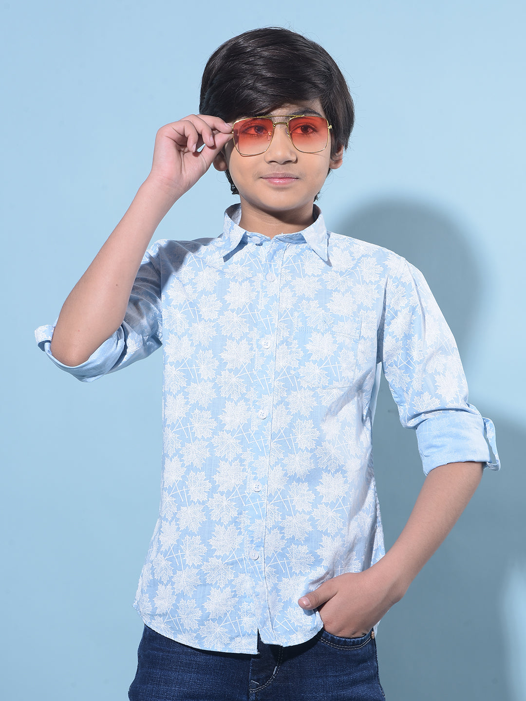 Blue Floral Printed 100% Cotton Shirt-Boys Shirts-Crimsoune Club