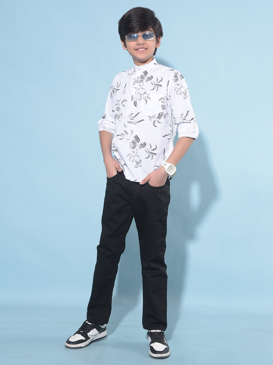 White Floral Print 100% Cotton Shirt-Boys Shirts-Crimsoune Club