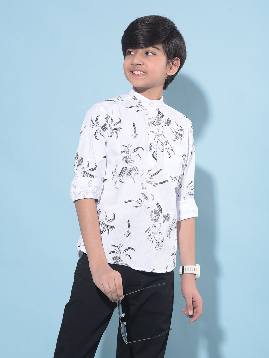 White Floral Print 100% Cotton Shirt-Boys Shirts-Crimsoune Club