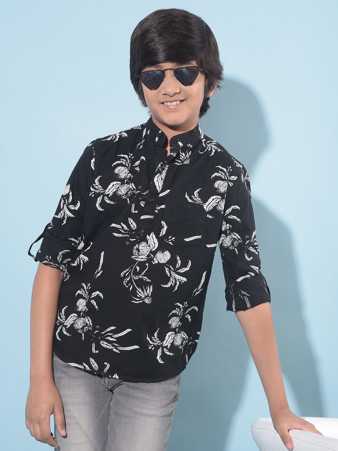 Black Floral Print 100% Cotton Shirt-Boys Shirts-Crimsoune Club