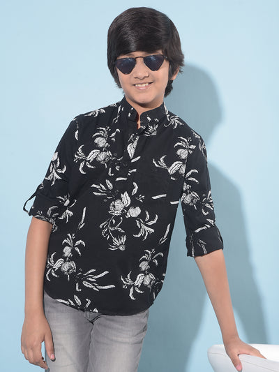 Black Floral Print 100% Cotton Shirt-Boys Shirts-Crimsoune Club