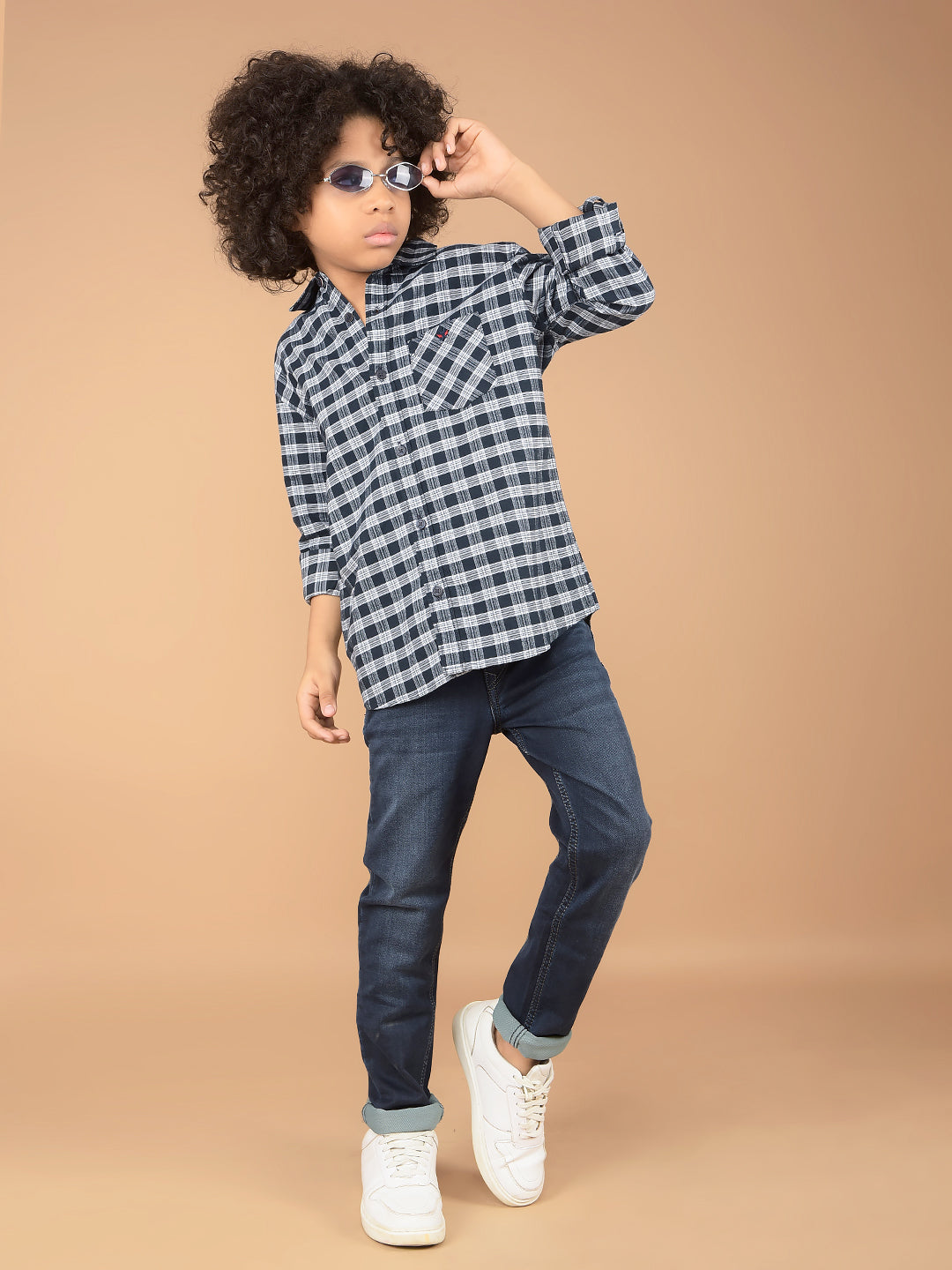 Navy Blue Checked 100% Cotton Shirt-Boys Shirts-Crimsoune Club