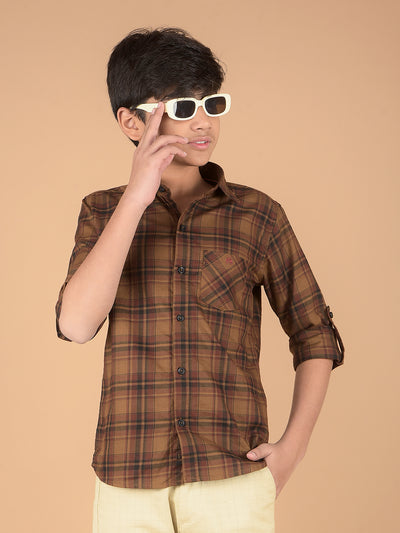 Brown Checked 100% Cotton Shirt-Boys Shirts-Crimsoune Club