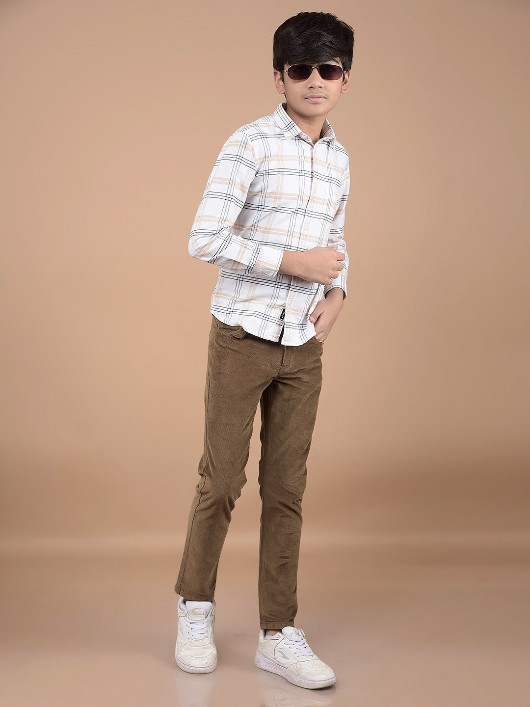 White Checked Button Down Collar 100% Cotton Shirt-Boys Shirts-Crimsoune Club