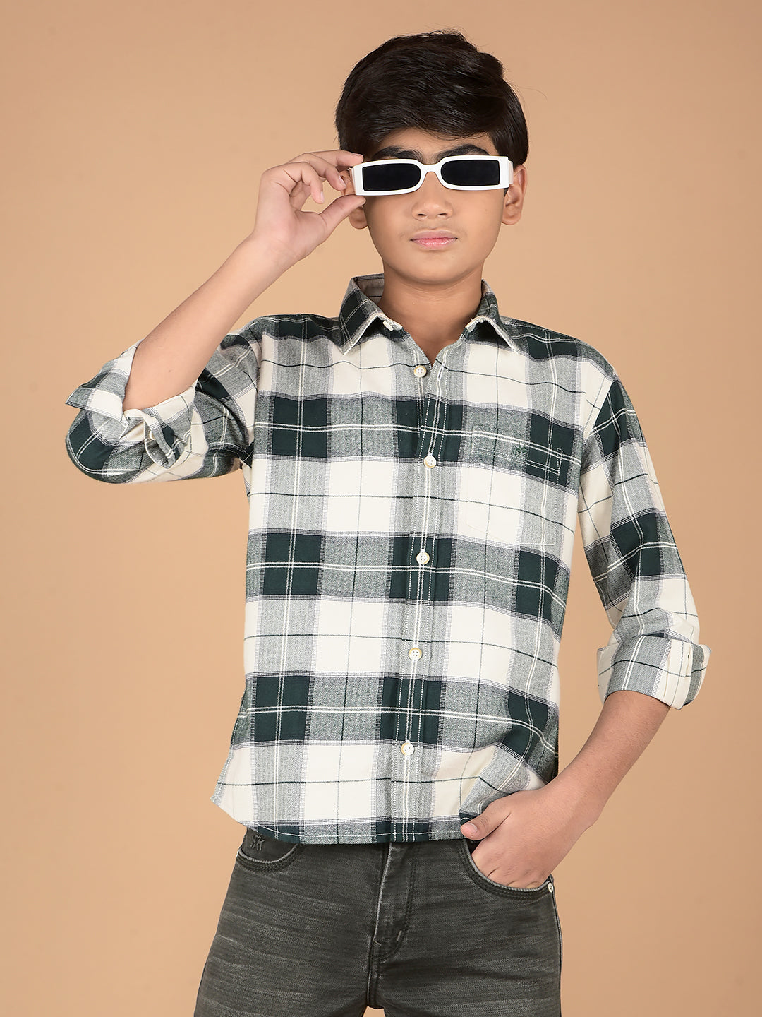 Green Checked 100% Cotton Shirt-Boys Shirts-Crimsoune Club