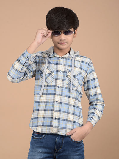 Blue Checked 100% Cotton Hooded Shirt-Boys Shirts-Crimsoune Club