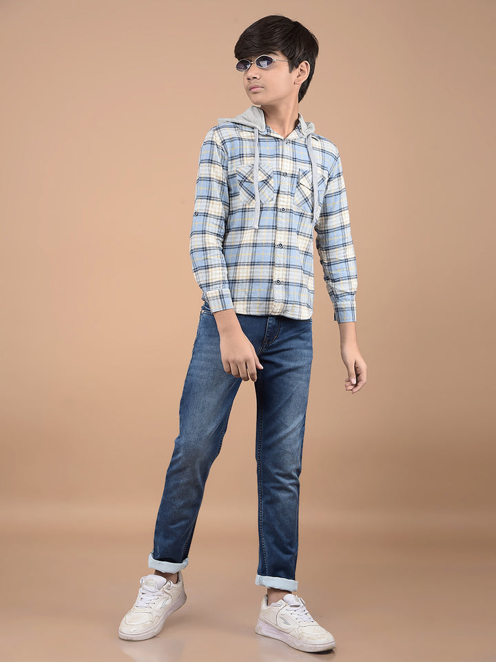 Blue Checked 100% Cotton Hooded Shirt-Boys Shirts-Crimsoune Club