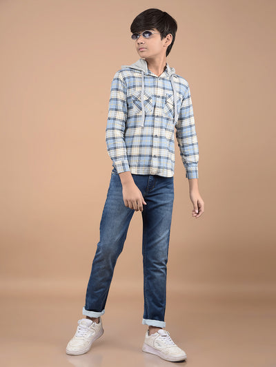 Blue Checked 100% Cotton Hooded Shirt-Boys Shirts-Crimsoune Club