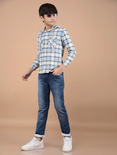 Blue Checked 100% Cotton Hooded Shirt-Boys Shirts-Crimsoune Club