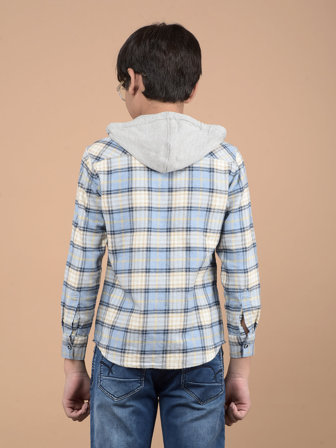 Blue Checked 100% Cotton Hooded Shirt-Boys Shirts-Crimsoune Club