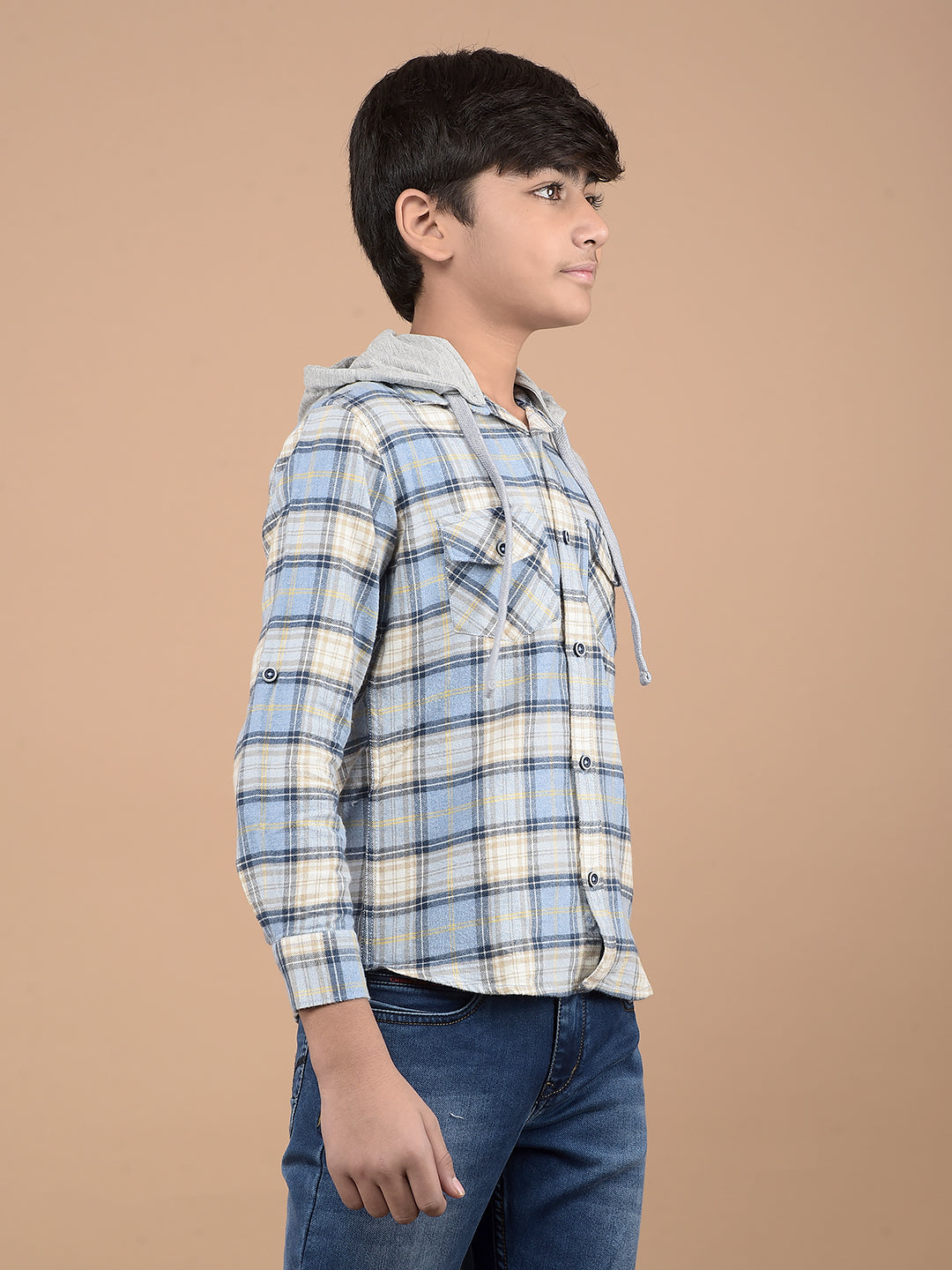 Blue Checked 100% Cotton Hooded Shirt-Boys Shirts-Crimsoune Club
